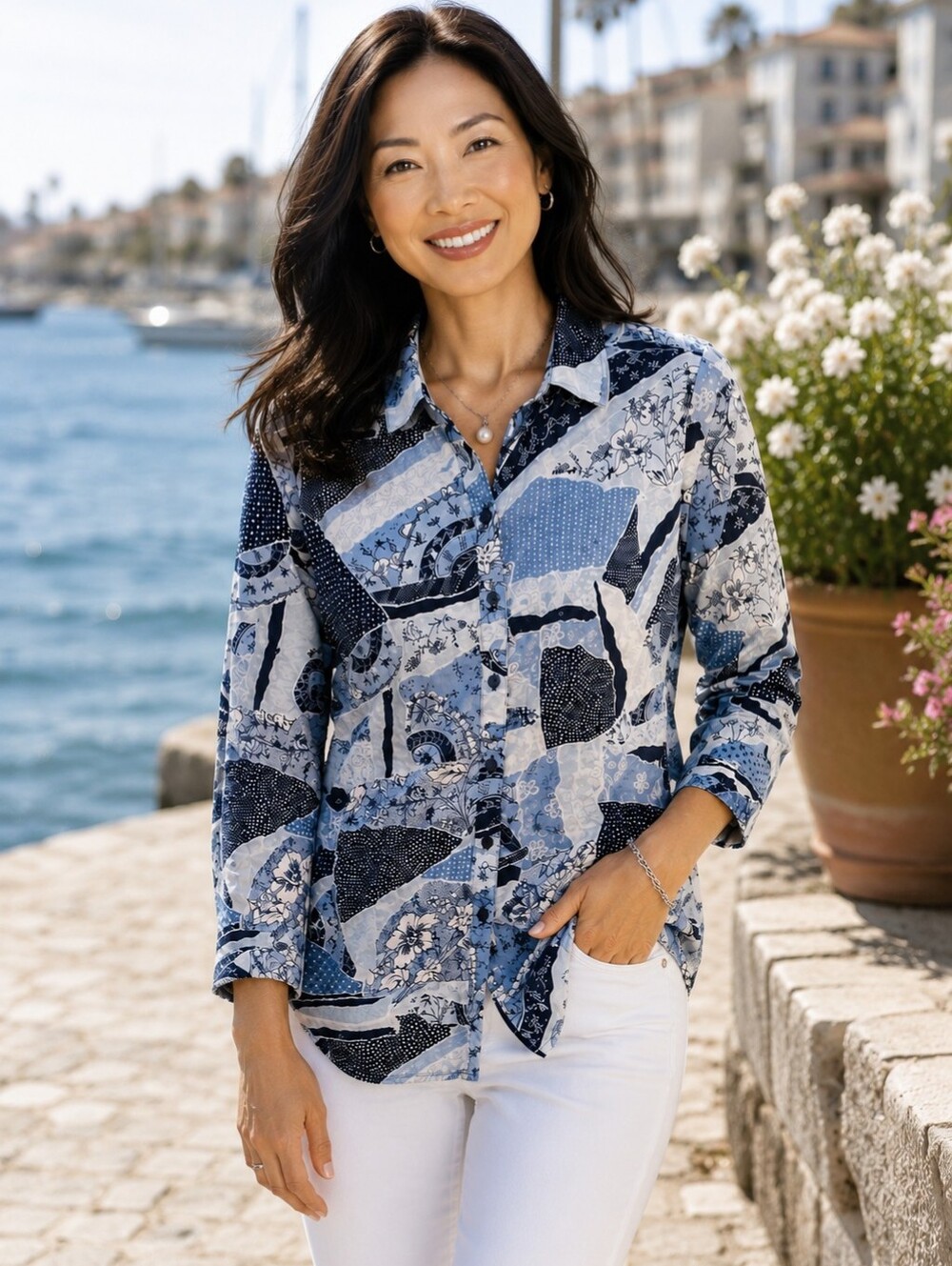 Chico’s Blue Patchwork Shirt Size 2 Large Artsy Boho Button Down